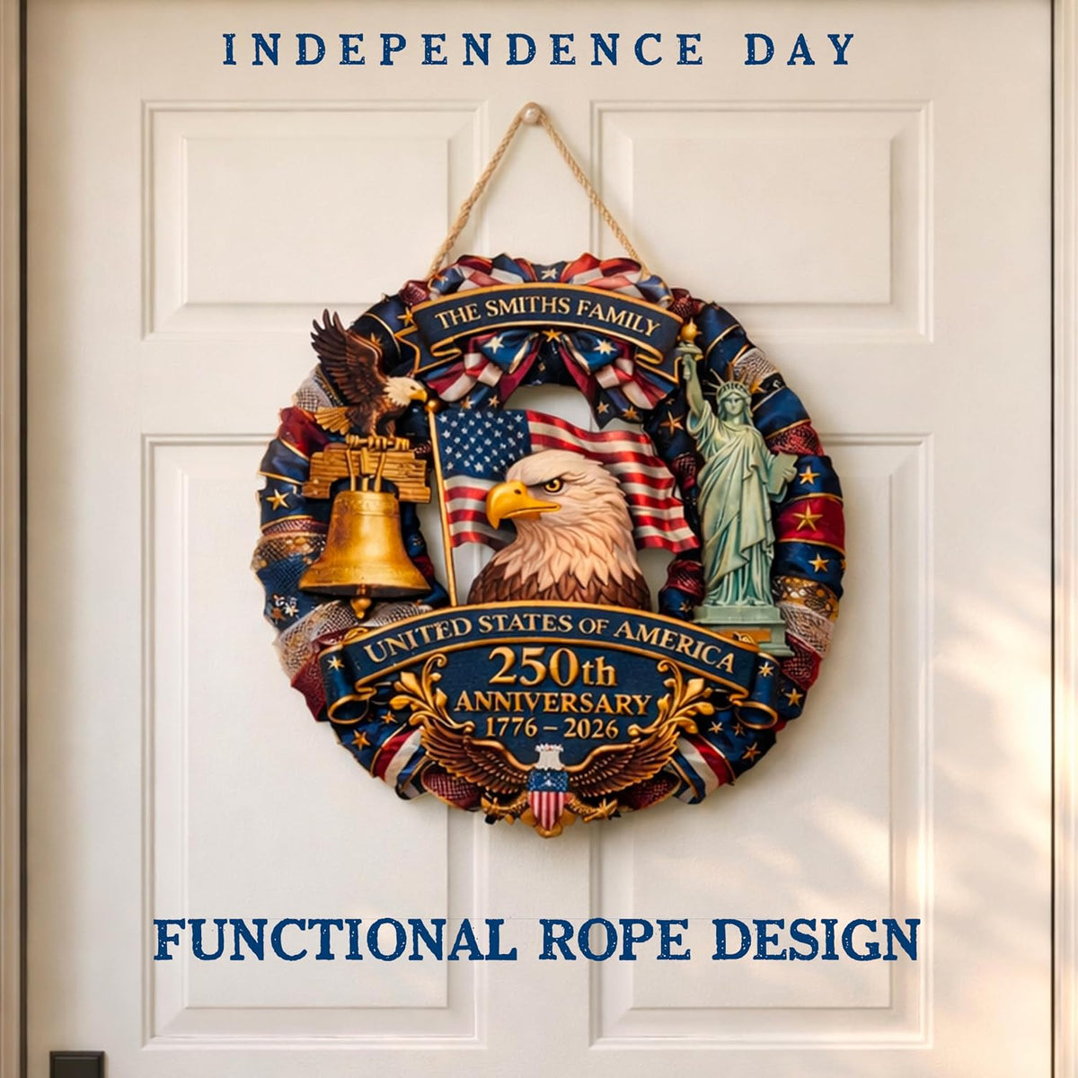 Custom Patriotic Wreath for Front Door, 4th of July Decorations Personalized Family Name Sign, USA 250th Anniversary 2026 Decor, American Flag Eagle Liberty Bell Wall Hanging, Independence Day Gift