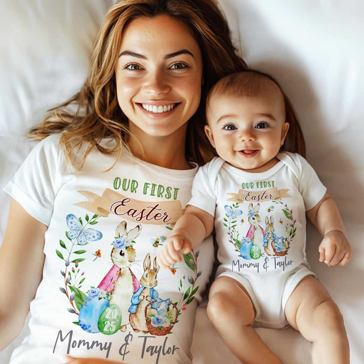 Personalized Easter Matching Shirt & Bodysuit – Custom Name & Year – First Easter Outfit – Family Holiday Apparel – Mom & Baby Matching Clothes – Spring Gift – Easter Photo Outfit