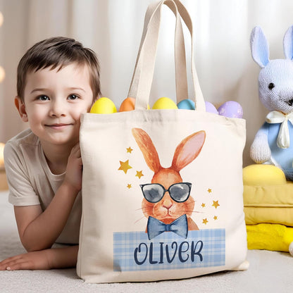 Personalized Easter Tote Bag with Name, Custom Canvas Bunny Egg Hunt Gift