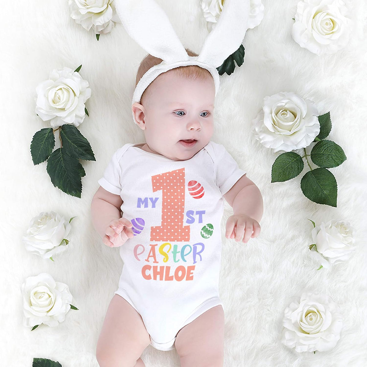 Personalized Easter Initial Baby Onesie Gifts with Name - Customized Girl Bodysuit - Custom Egg Hunt Infant Boy Clothes for New Born, 6 Months, 12 Months, 18 Months and 24 Months - White