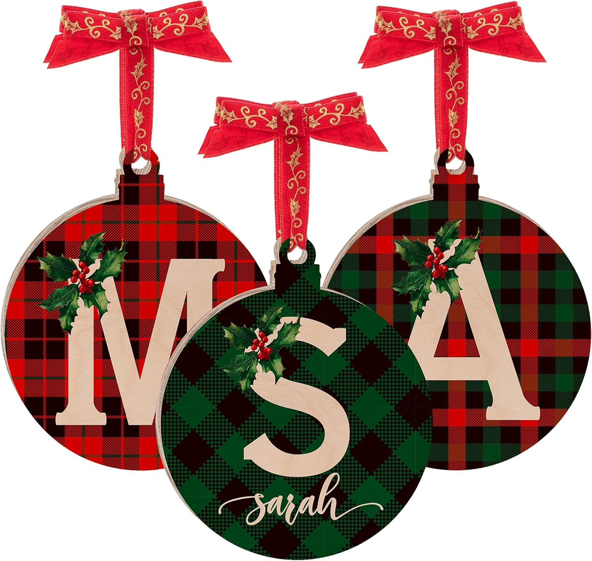 Personalized Christmas Initial Ornaments w/Name - Customized Wood Round Ornament Christmas Tree Decor - Custom Xmas Stocking & Gift Box Name Tag Circle Noel Decorations