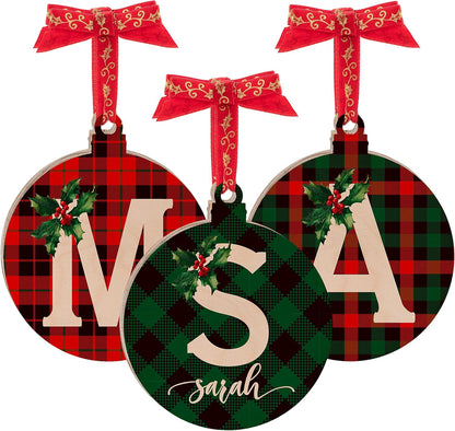 Personalized Christmas Initial Ornaments w/Name - Customized Wood Round Ornament Christmas Tree Decor - Custom Xmas Stocking & Gift Box Name Tag Circle Noel Decorations