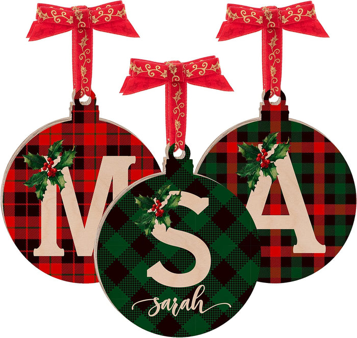 Personalized Christmas Initial Ornaments w/Name - Customized Wood Round Ornament Christmas Tree Decor - Custom Xmas Stocking & Gift Box Name Tag Circle Noel Decorations