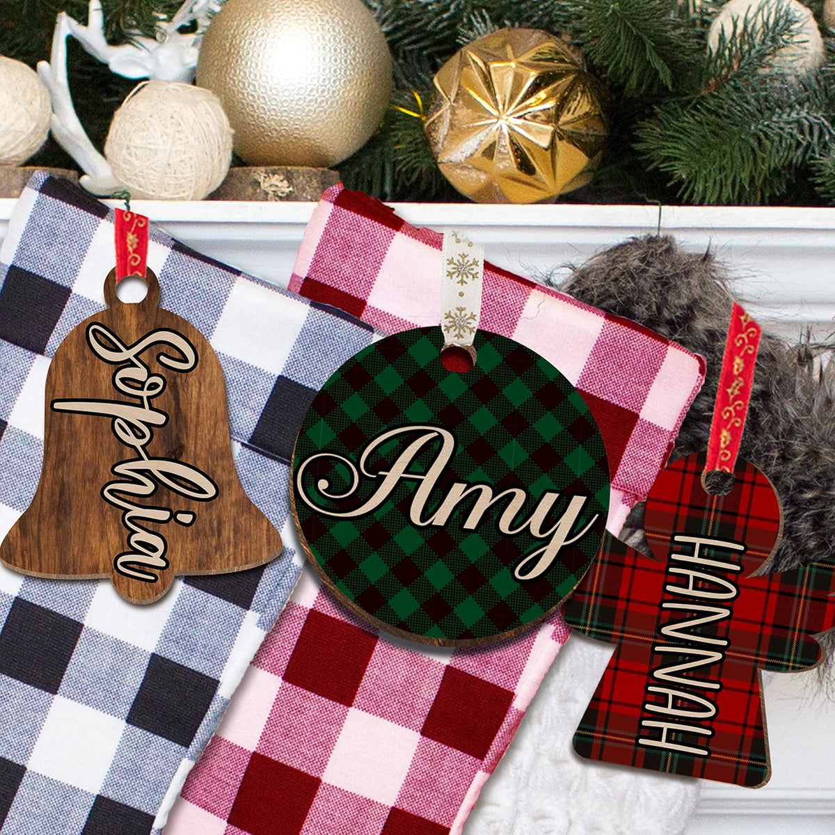 Personalized Wooden Christmas Name Tag, Custom Stocking Tag in 8 Shapes