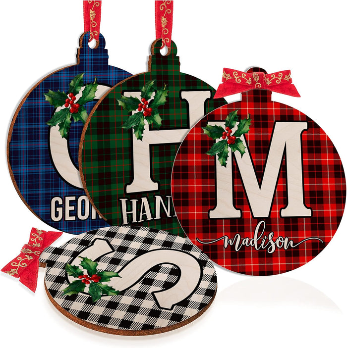 Personalized Christmas Initial Round Ornaments w/Name 3 Font, 8 Pattern Customized Christmas Wood Red, Green, Blue, Black 4.75 inch