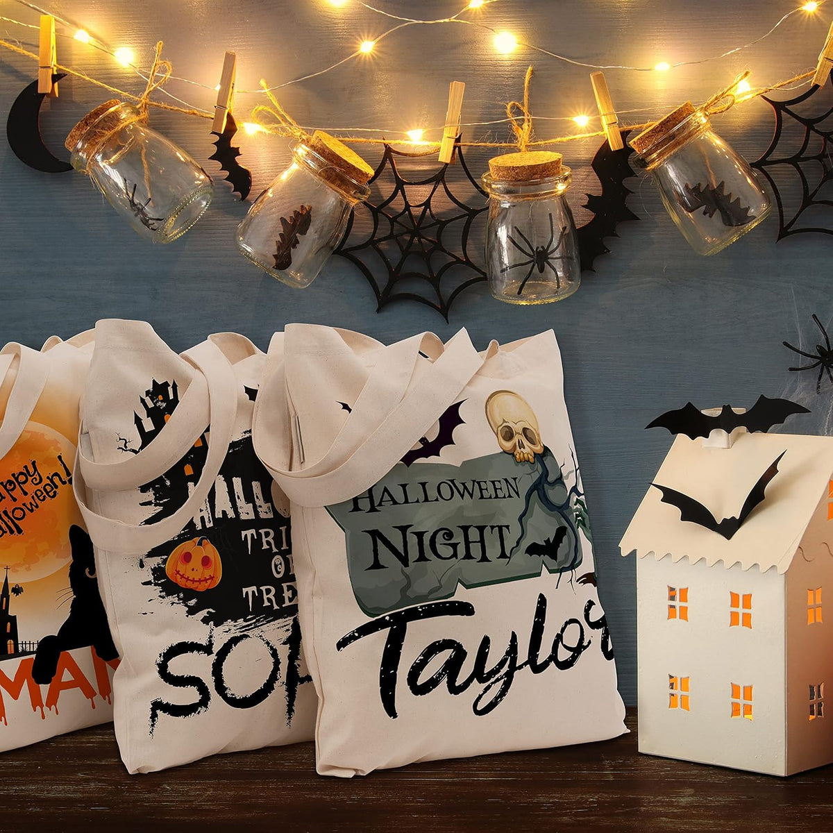 Custom Name Halloween Trick or Treat Canvas Tote Bags - Personalized Reusable 15x16" Gift Bag with Pumpkin, Skeleton, Ghost & Castle - Gift for Halloween Parties