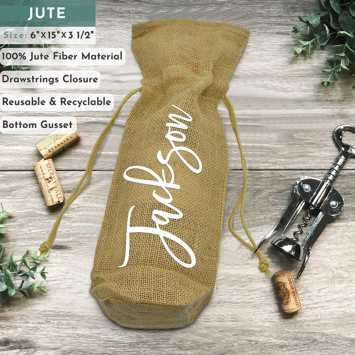 Personalized Burlap Wine Bag with Name, Custom Drawstring Bottle Gift Bag