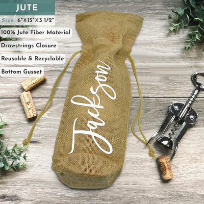 Personalized Burlap Wine Bag with Name, Custom Drawstring Bottle Gift Bag