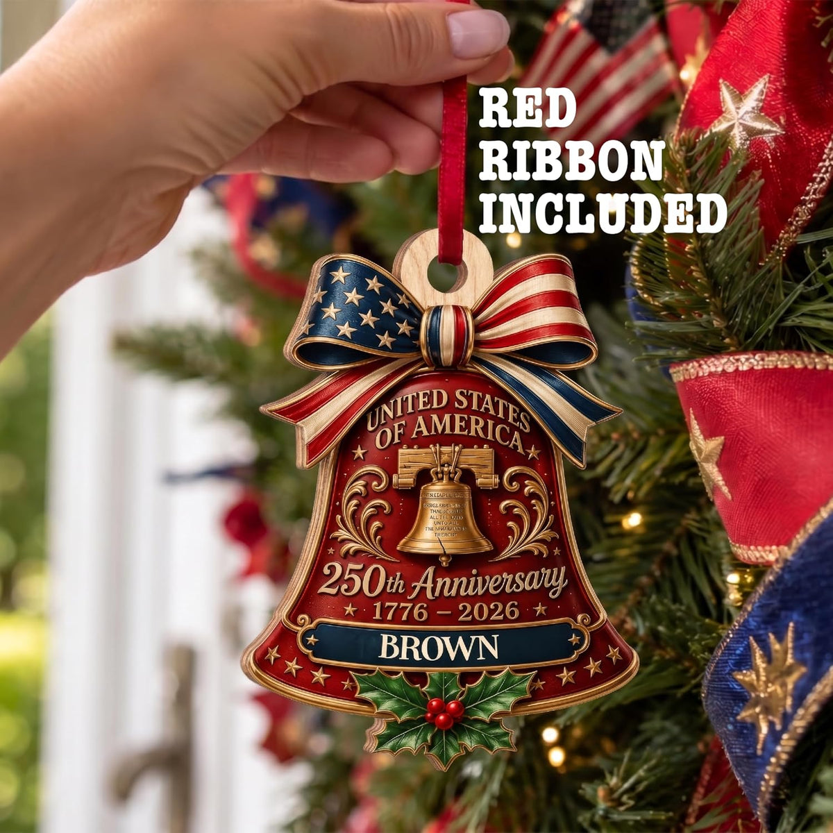 Personalized USA 250th Anniversary Wooden Ornament, Custom Family Name Patriotic Christmas Ornament