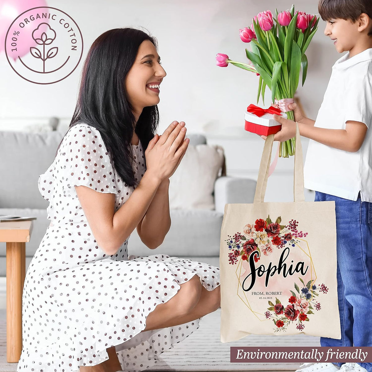 Personalized Mother's Day Tote Bag for Women w/Name - 3 Designs - Customized Floral Canvas Bag Gift for Mom - Custom Reusable Shopping Grocery Bag w/Text - Tote Bag Aesthetic Wedding Birthday Gifts C1