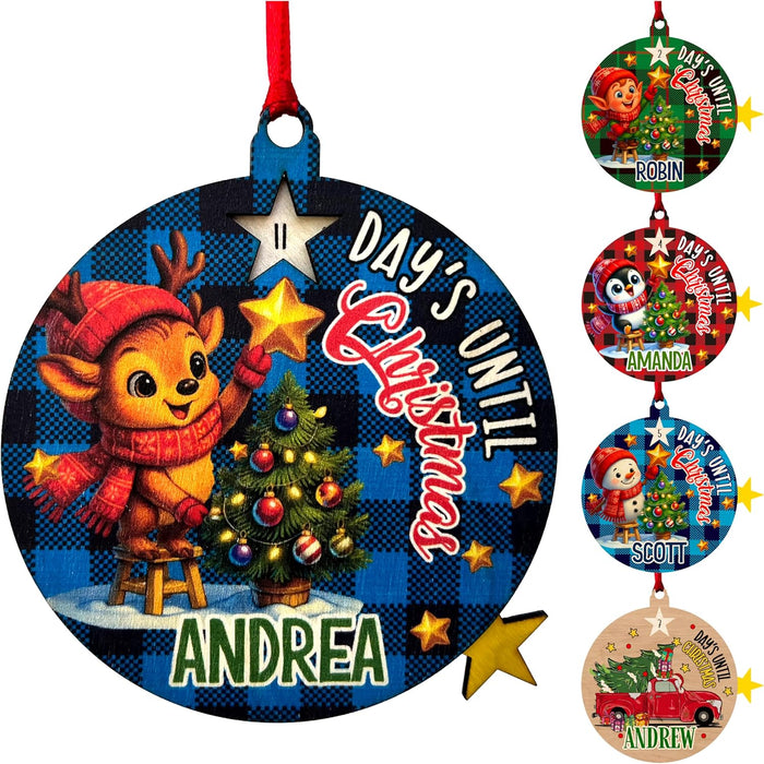 Personalized Christmas Countdown Ornament for Kids - Custom Name Holiday Tree Hanging Gift Decoration - 8 Design Options - Cute Reindeer, Elf, Santa, Penguin & Truck Themes for Boys & Girls