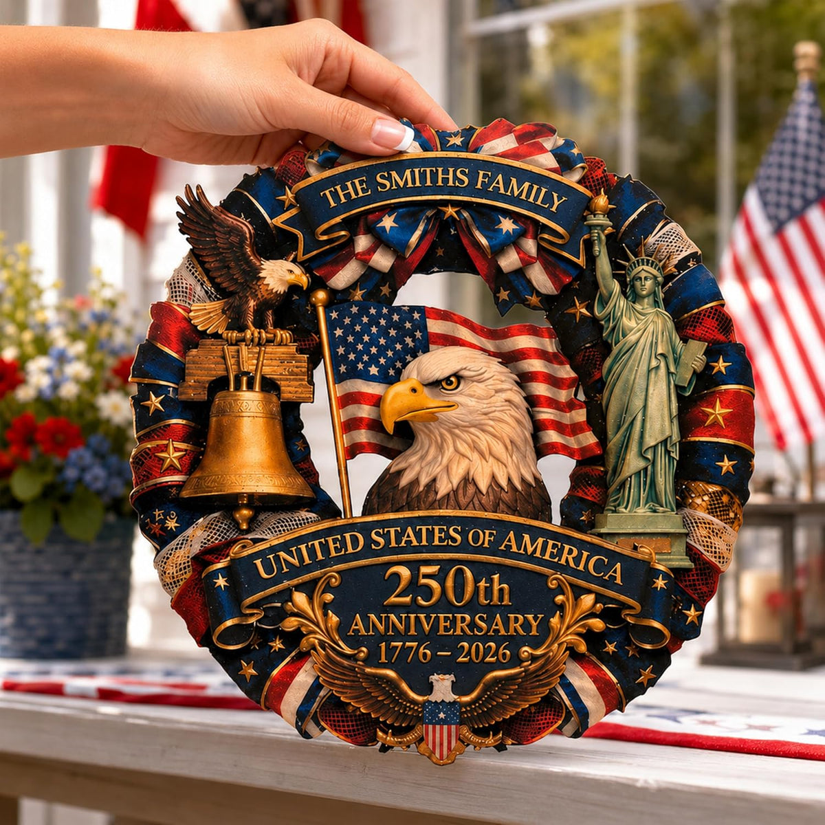 4th of July Front Door Wreath Personalized Family Name, USA 250th Anniversary 1776-2026, Patriotic Door Decor, American Flag Eagle Liberty Bell Sign, Independence Day Gift for Home