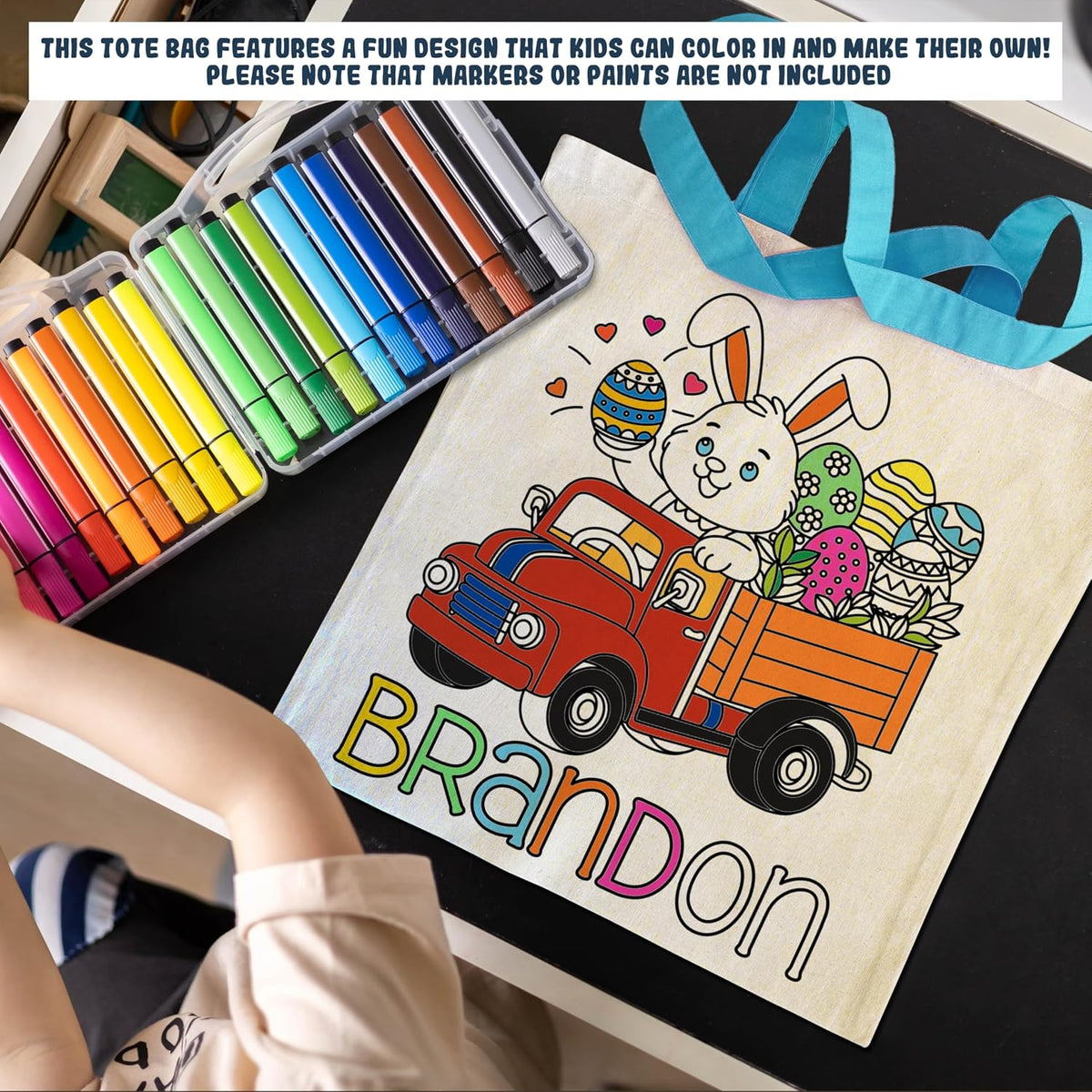 Custom DIY Easter Tote Bag for Kids and Treat Party - Personalized Reusable Canvas Egg Hunt Basket with Name to Boys, Girls - Customized Colorable Bunny Gift Bags 6 Designs & 3 Handle Color