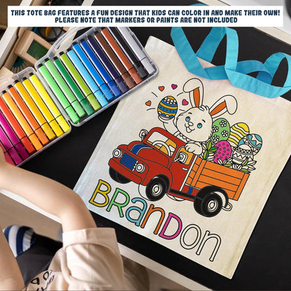 Custom DIY Easter Tote Bag for Kids and Treat Party - Personalized Reusable Canvas Egg Hunt Basket with Name to Boys, Girls - Customized Colorable Bunny Gift Bags 6 Designs & 3 Handle Color