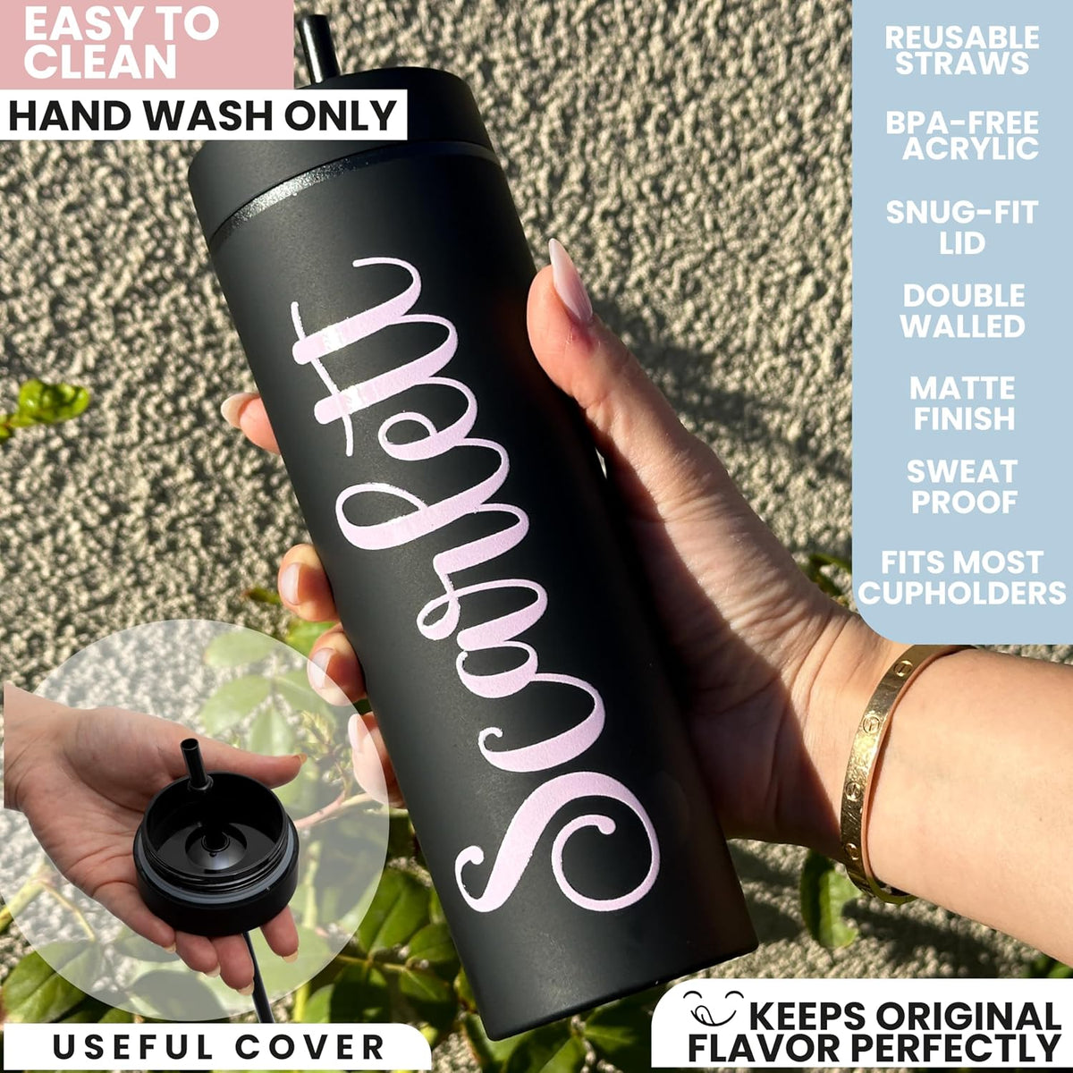 Personalized Skinny Tumbler with Name, Custom 20oz Insulated Cup for Women