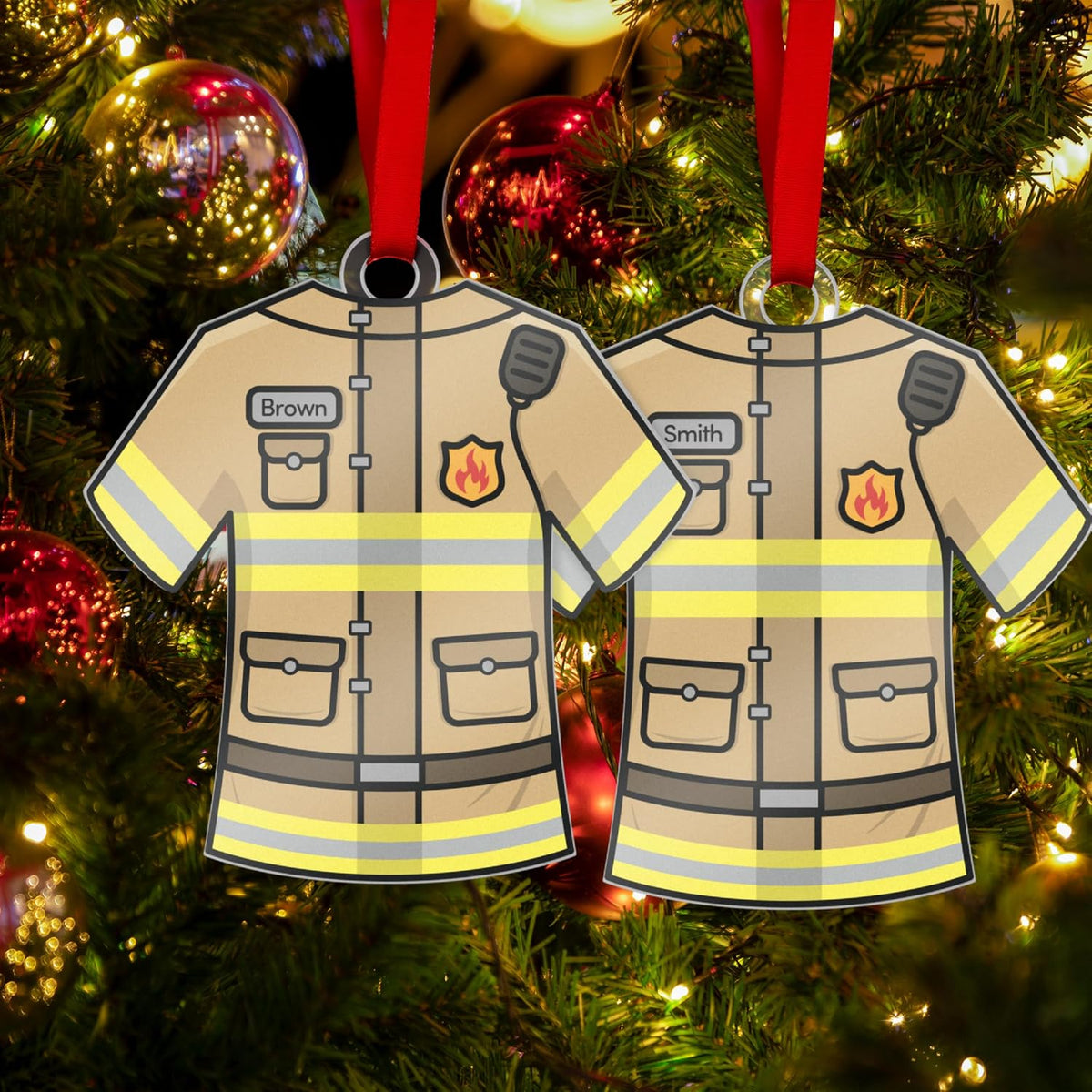 Personalized Firefighter Uniform Ornament – Custom Acrylic Christmas Keepsake with Name on Tan Reflective Design – Fireman Gift for Family, Friends, Hero First Responder Tree Decoration