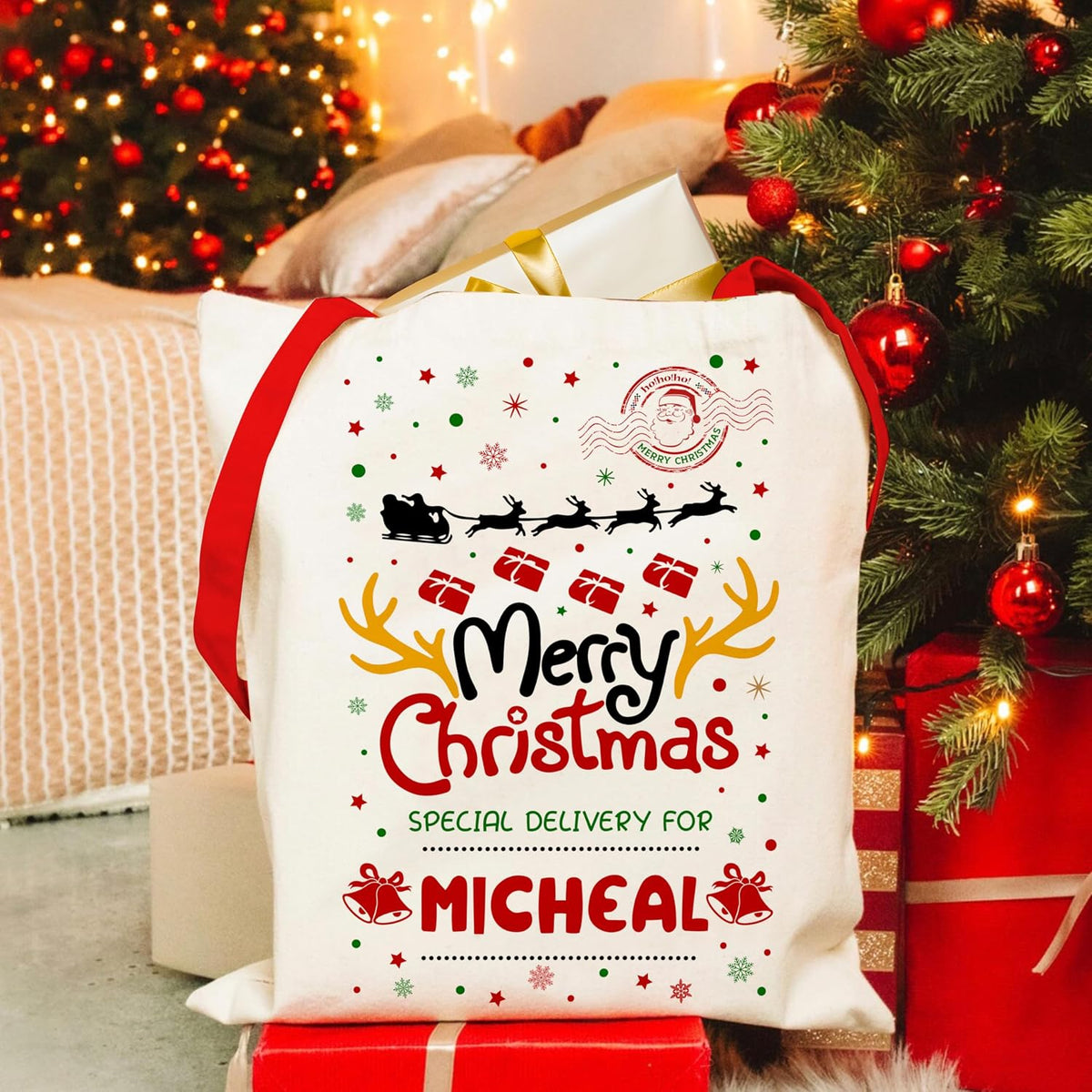 Personalized Christmas Santa Gift Bag, Custom Special Delivery Xmas Sack
