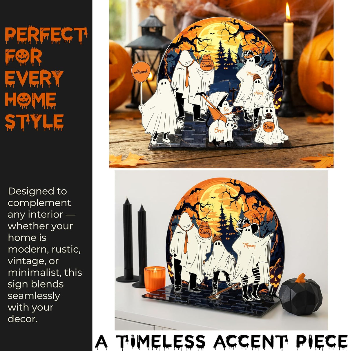 Personalized Halloween Ghost Family Acrylic Sign - Custom Name Spooky Decor for Mom Dad Kids Pets - Add Names & Choose Icons - Cute Haunted Scene Table Display for Fall Home Decoration Gift