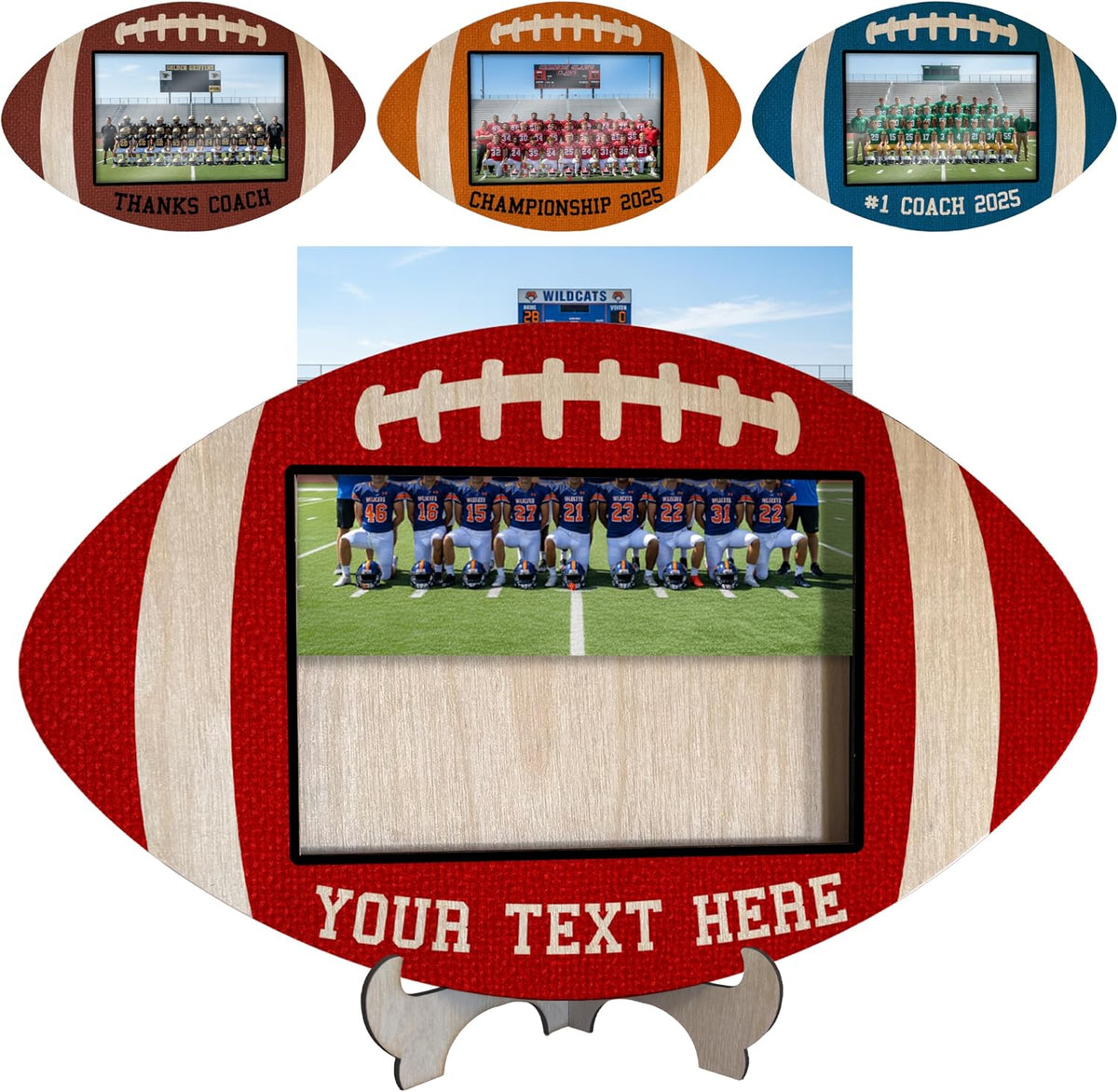 Personalized Football Photo Frame Gift for Coach Team Player – Custom 4x6 Picture Holder with Text & 10 Color Options – Wood Sports Frame for End of Season, Banquet, Senior Night