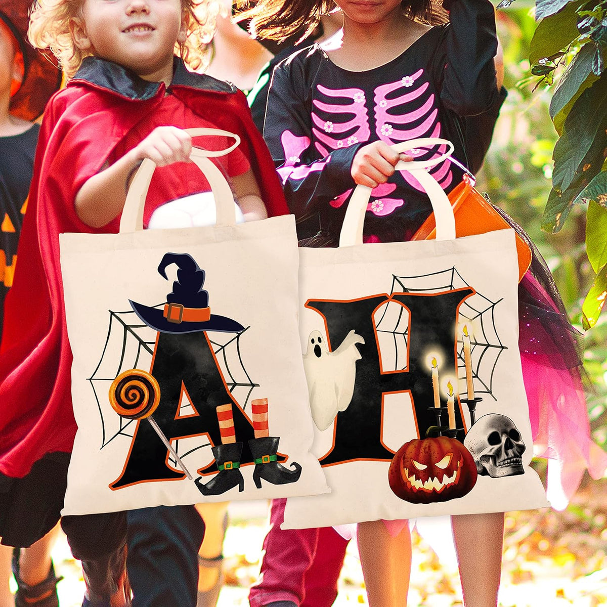 People People Halloween Initial Tote Bags Gifts for Boys Girls - Trick or Treat Letters Pumpkin Goodie Bag