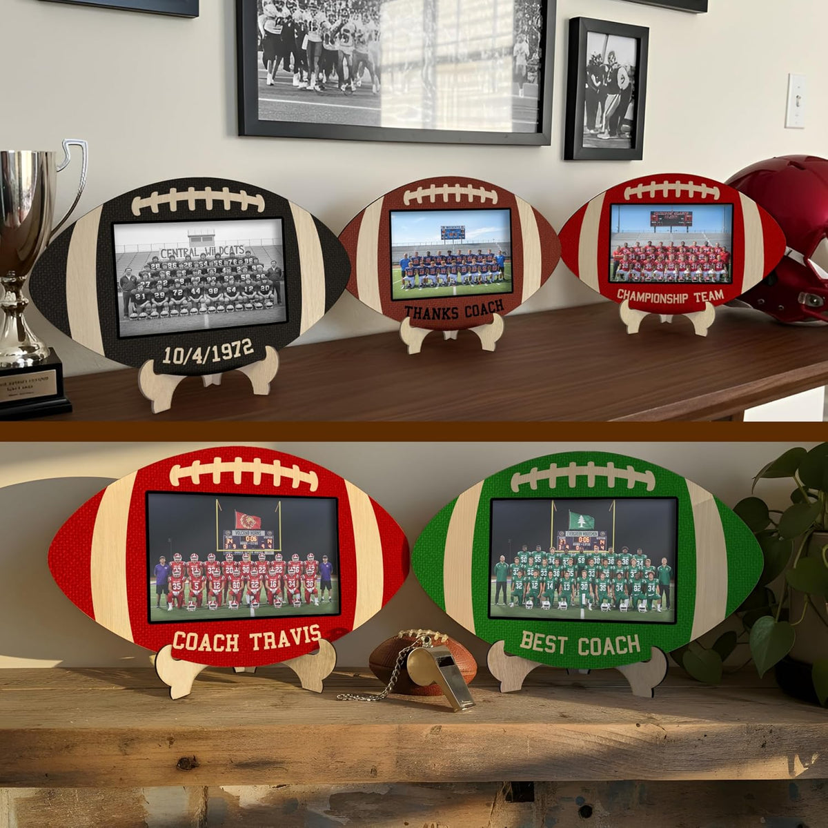 Personalized Football Photo Frame Gift for Coach Team Player – Custom 4x6 Picture Holder with Text & 10 Color Options – Wood Sports Frame for End of Season, Banquet, Senior Night