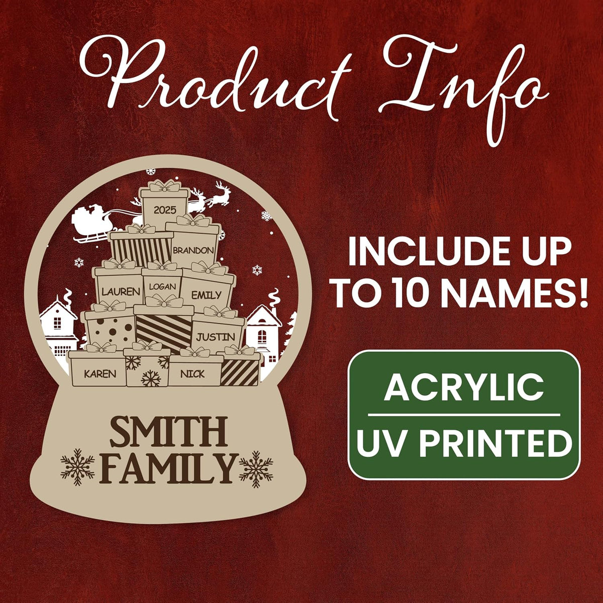 Personalized Family Ornament - Custom Snow Globe with Names on Presents - Acrylic Xmas Tree Decoration for Family, Friends, Kids - Add Up to 10 Names & Year - Holiday Keepsake