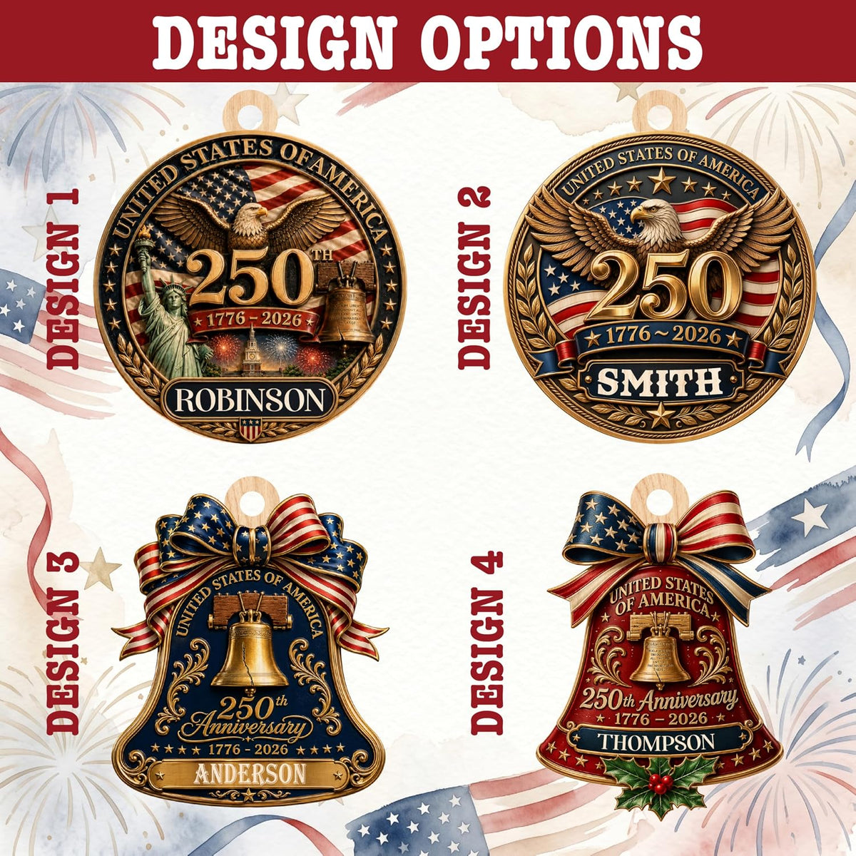 Personalized USA 250th Anniversary Wooden Ornament, Custom Family Name Patriotic Christmas Ornament