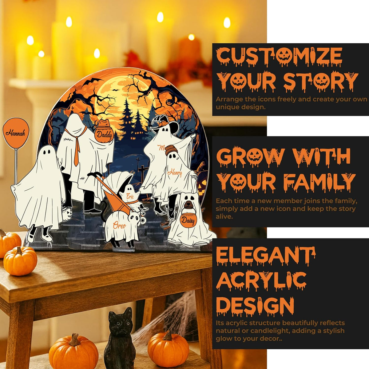 Personalized Halloween Ghost Family Acrylic Sign - Custom Name Spooky Decor for Mom Dad Kids Pets - Add Names & Choose Icons - Cute Haunted Scene Table Display for Fall Home Decoration Gift
