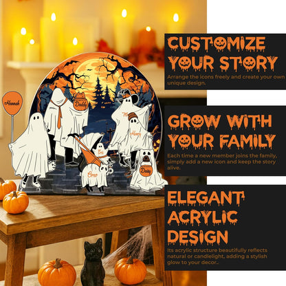 Personalized Halloween Ghost Family Acrylic Sign - Custom Name Spooky Decor for Mom Dad Kids Pets - Add Names & Choose Icons - Cute Haunted Scene Table Display for Fall Home Decoration Gift
