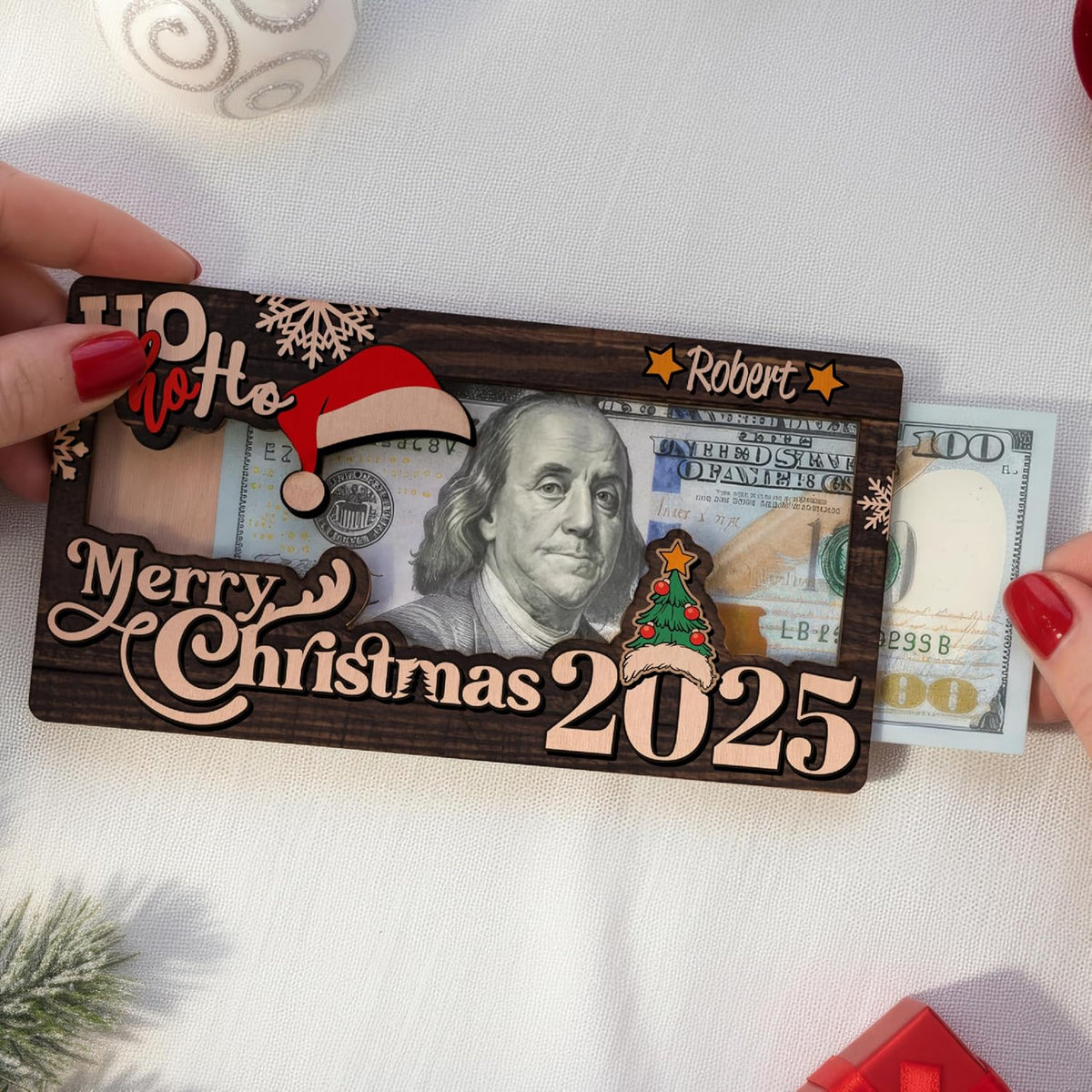 Personalized Christmas Money Holder Card 2025 - Custom Wooden Merry Christmas Bill Frame Gift with Santa Hat Tree & Name - Holiday Cash Holder for Kids, Teens, Family, Friends, Adults