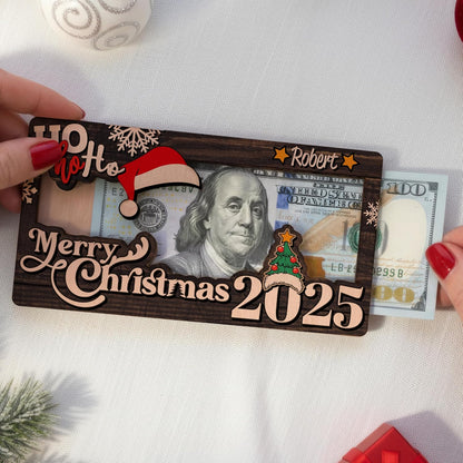 Personalized Christmas Money Holder Card 2025 - Custom Wooden Merry Christmas Bill Frame Gift with Santa Hat Tree & Name - Holiday Cash Holder for Kids, Teens, Family, Friends, Adults