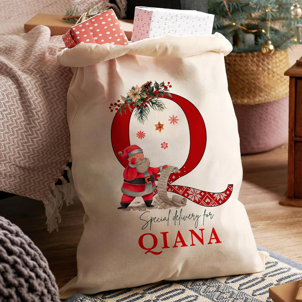 Customized Initial Santa Sack, Personalized Christmas Gifts Drawstring Pouch, Custom Monagrammed Xmas Gift Bag for Holiday Presents