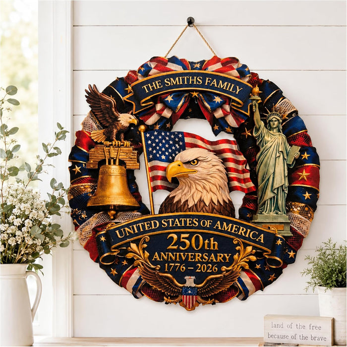 4th of July Front Door Wreath Personalized Family Name, USA 250th Anniversary 1776-2026, Patriotic Door Decor, American Flag Eagle Liberty Bell Sign, Independence Day Gift for Home
