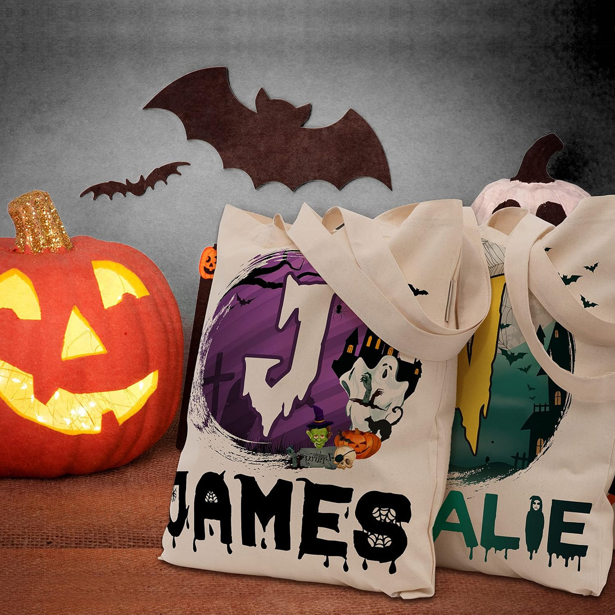 Custom Name & Initials Halloween Canvas Tote Bags - Personalized Trick or Treat Bag with Pumpkin, Skeleton, Ghost - Reusable 15x16" Gift Bag for Halloween Parties & Daily Use
