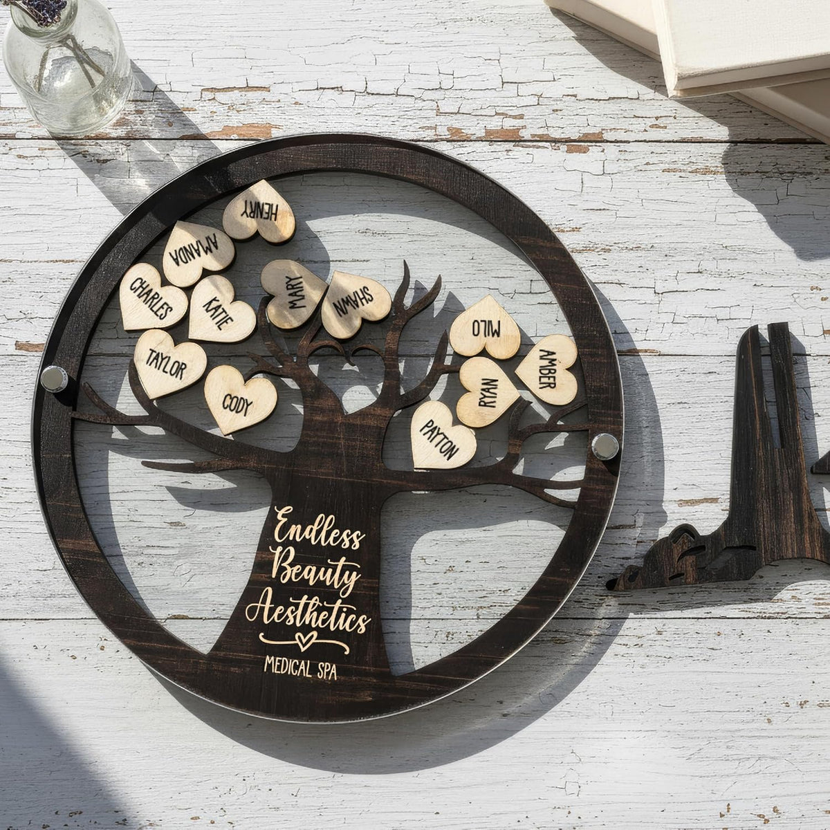 Personalized Family Tree Name Sign with Wooden Hearts – Custom Printed Acrylic & Wood Round Plaque with Stand – Unique Gift for Parents, Grandparents, Anniversary, Christmas, or Home Décor