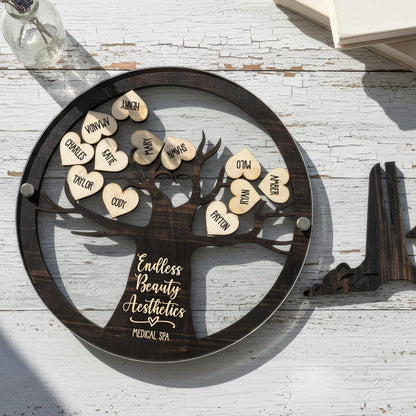 Personalized Family Tree Name Sign with Wooden Hearts – Custom Printed Acrylic & Wood Round Plaque with Stand – Unique Gift for Parents, Grandparents, Anniversary, Christmas, or Home Décor