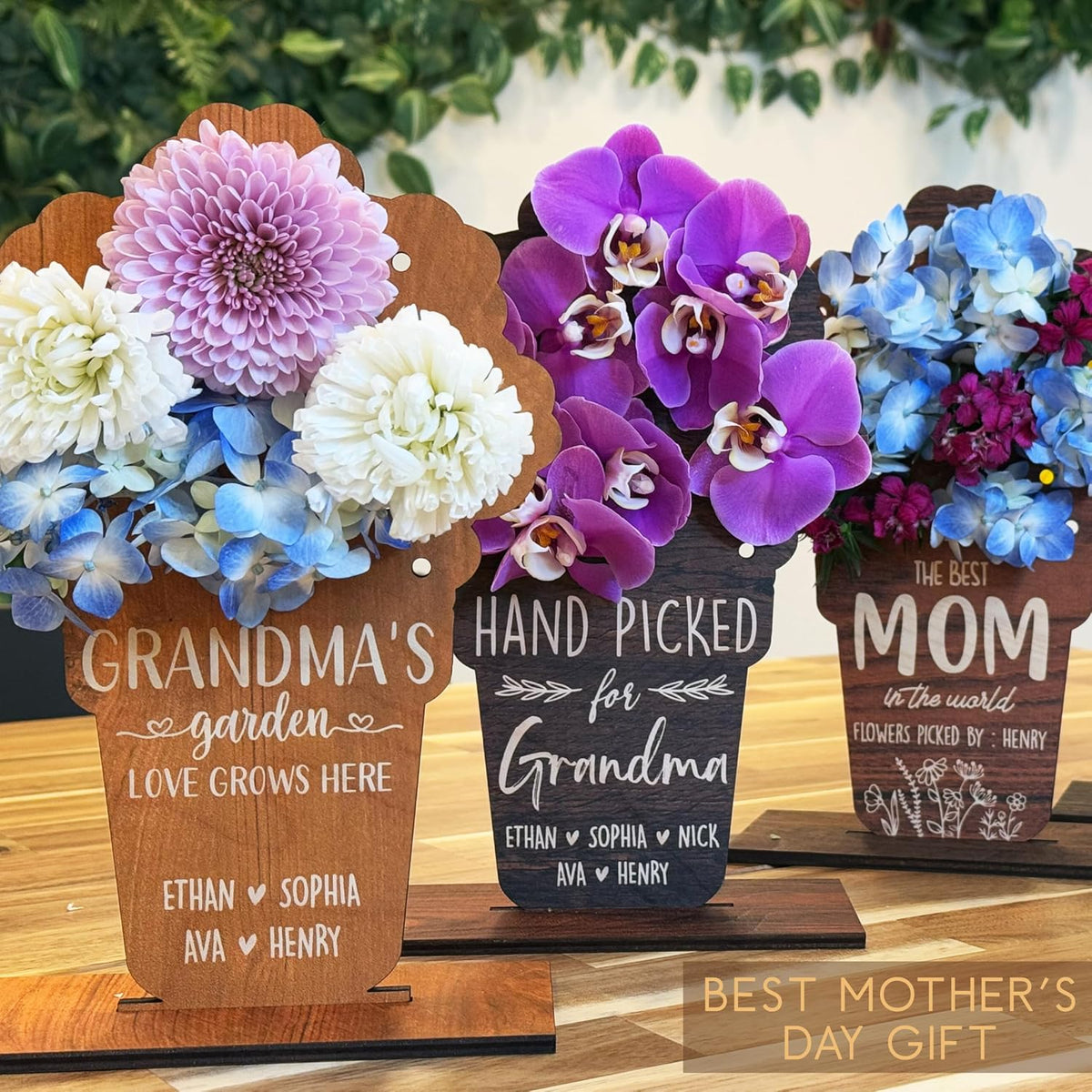 Personalized Wooden Flower Holder Gift for Mom, Grandma - Custom Mother's Day Wood Vase Keepsake with Kids' Names - DIY Real Flower Display with Stand, 6x9.5 Inches - Sympathy Gift