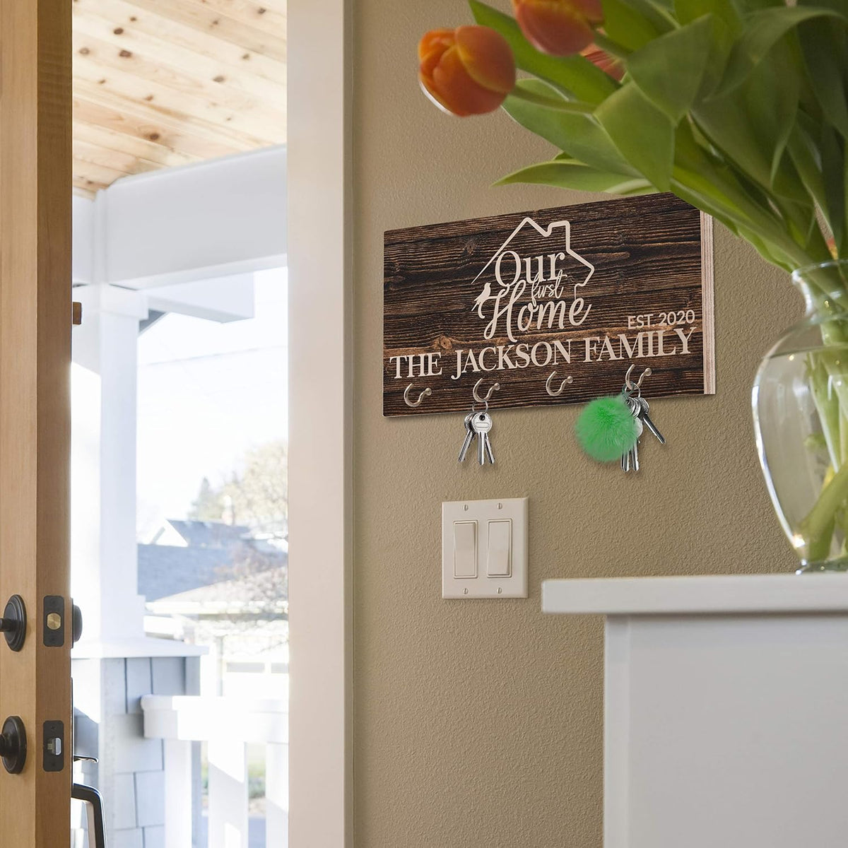 Personalized Wood Key Holder for Couples, Custom Mr Mrs Housewarming Gift