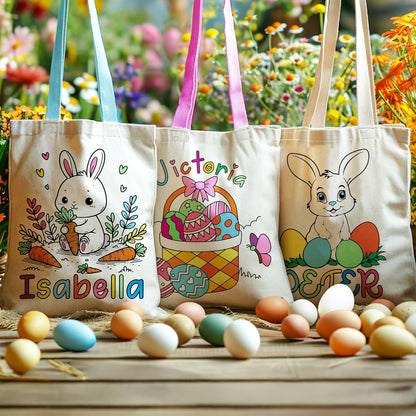 Custom DIY Easter Tote Bag for Kids and Treat Party - Personalized Reusable Canvas Egg Hunt Basket with Name to Boys, Girls - Customized Colorable Bunny Gift Bags 6 Designs & 3 Handle Color