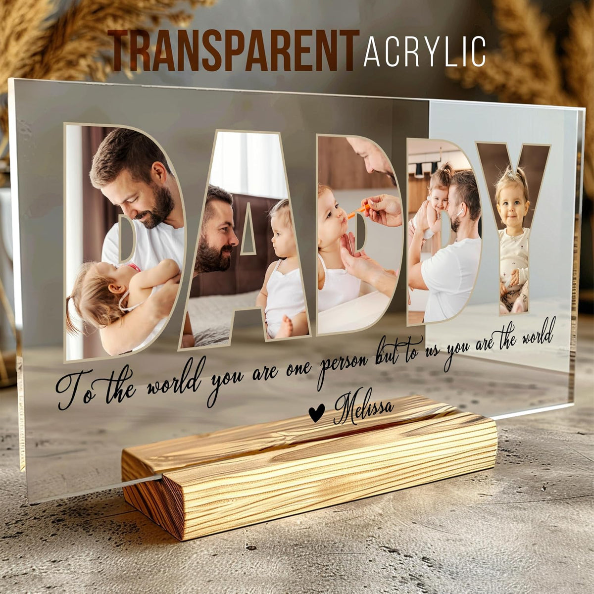 Personalized Father's Day Acrylic Photo Sign with Custom Text – Unique Christmas Gift for Dad, Grandpa, Papa – Custom Keepsake Plaque for Him from Kids – Clear Desktop or Shelf Home Décor