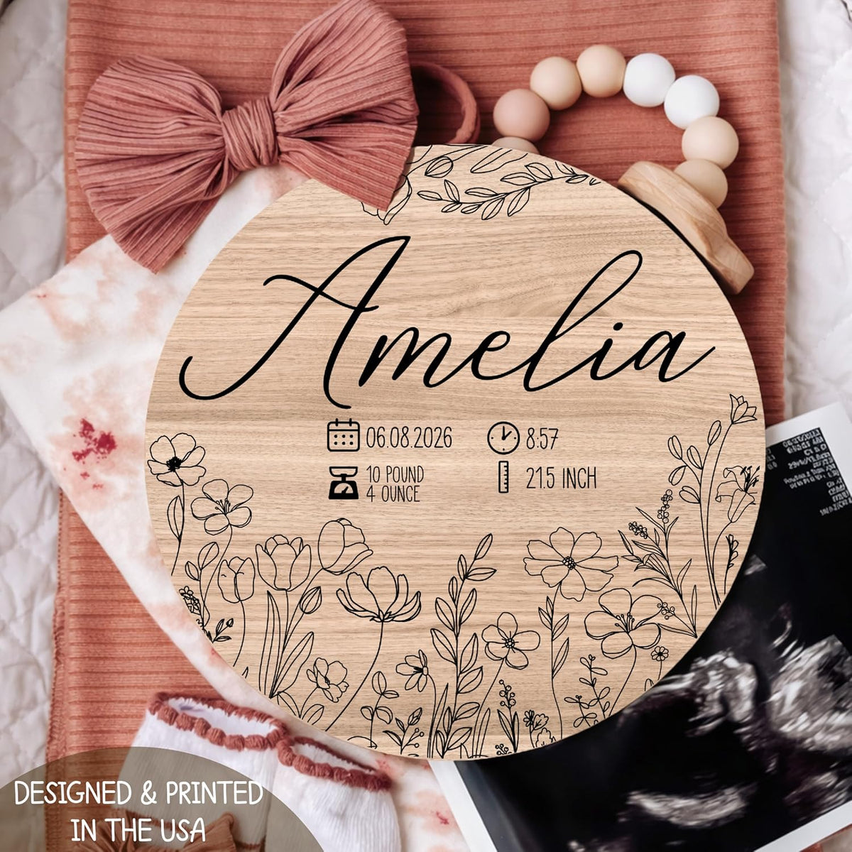 Personalized Baby Birth Announcement Wood Sign with Name Date Time Weight Height – Custom Nursery Name Plaque for Newborn Boy or Girl – Baby Shower New Parents Keepsake Gift