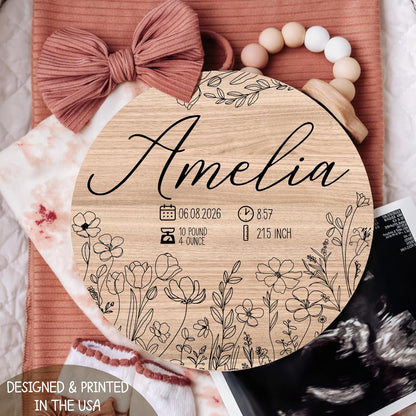 Personalized Baby Birth Announcement Wood Sign with Name Date Time Weight Height – Custom Nursery Name Plaque for Newborn Boy or Girl – Baby Shower New Parents Keepsake Gift
