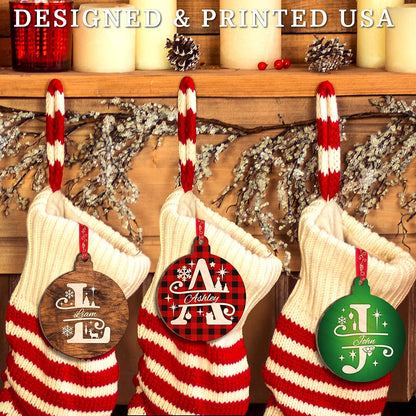 Personalized Christmas Initial Ornament with Name, Custom Wooden Round Decor