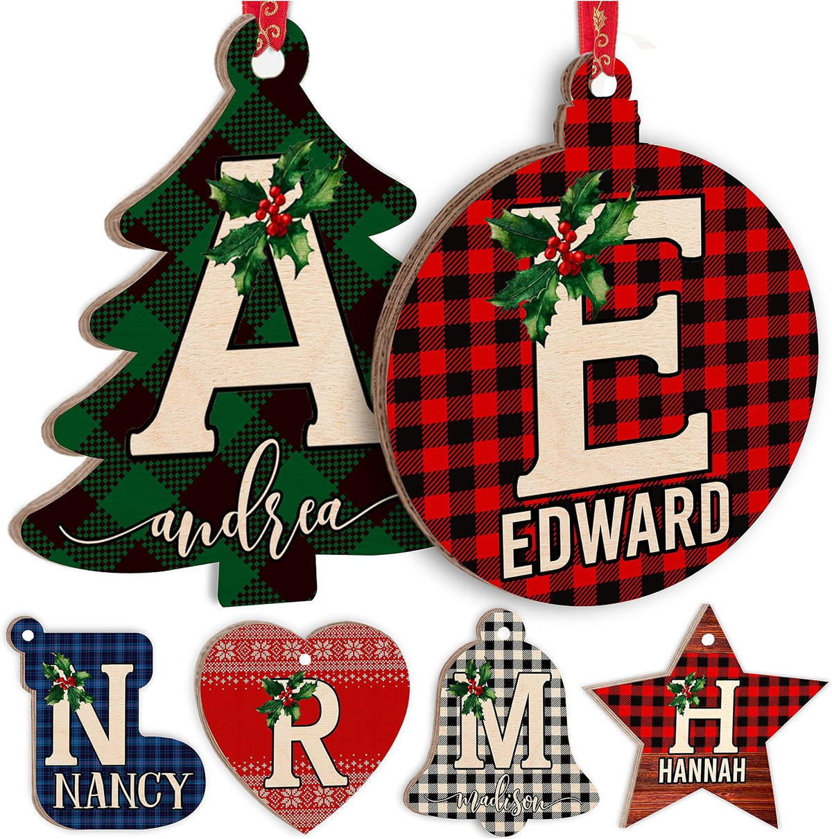 Personalized Christmas Initial Ornaments w/Name, 6 Shape, 3 Font, 8 Pattern - Customized Christma Wood Ornament Decorations Gifts - Custom Noel Star Heart Sock Bell Round Pine Tree Décor Xmas Gift C1