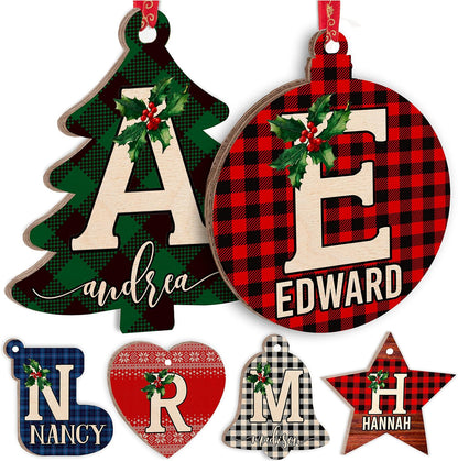Personalized Christmas Initial Ornaments w/Name, 6 Shape, 3 Font, 8 Pattern - Customized Christma Wood Ornament Decorations Gifts - Custom Noel Star Heart Sock Bell Round Pine Tree Décor Xmas Gift C1