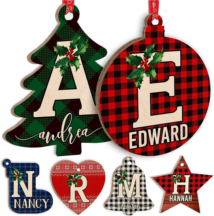 Personalized Christmas Initial Ornaments w/Name, 6 Shape, 3 Font, 8 Pattern - Customized Christmas Wood Ornament Decorations Gifts - Custom Noel Star Heart Sock Bell Round Pine Tree Décor Xmas Gift