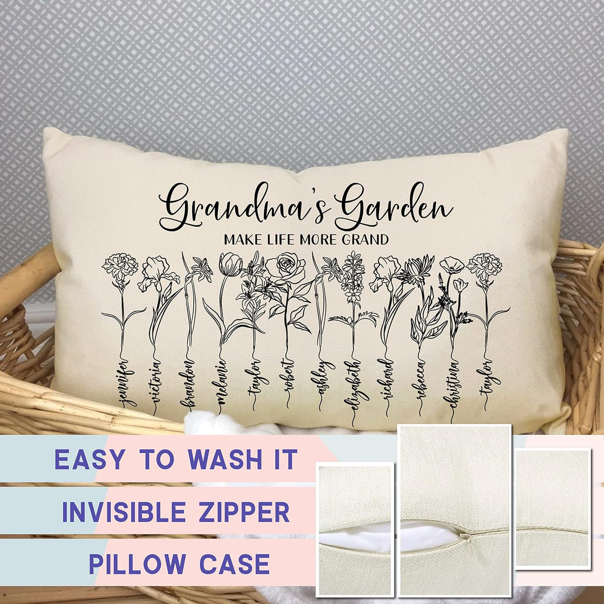 Zexpa Apparel Customized Mothers Day Lumbar Pillow Cover Personalized Grandma's Garden Flowers