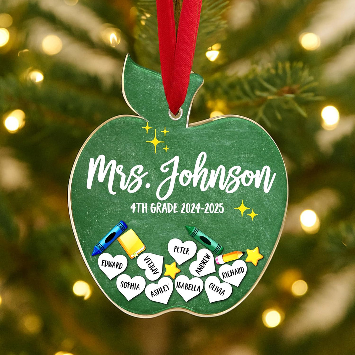 Personalized Teacher Ornament Gift from Students - Custom Acrylic Hanging Decoration with Teacher & Kids Names - Christmas Tree Keepsake for End of Year, Appreciation, Back to School