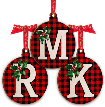 People Christmas Initial Ornaments for Tree - Monogrammed Christma Wood Ornament Decor Noel Wooden Gifts Housewarming Pattern Decorative Xmas #C, Black