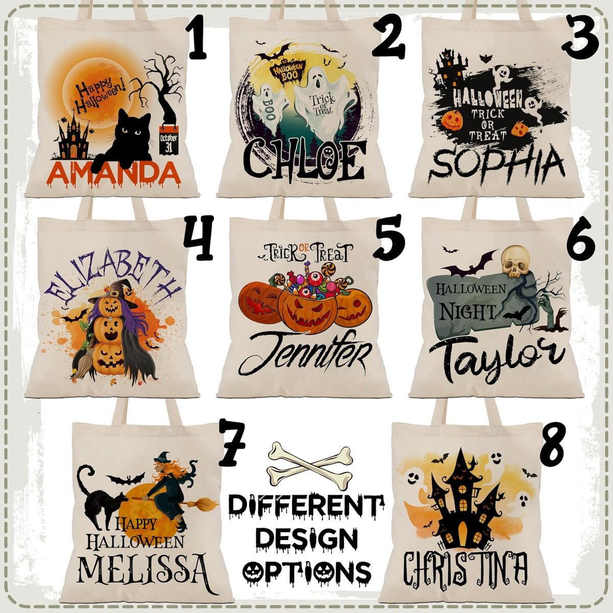 Custom Name Halloween Trick or Treat Canvas Tote Bags - Personalized Reusable 15x16" Gift Bag with Pumpkin, Skeleton, Ghost & Castle - Gift for Halloween Parties